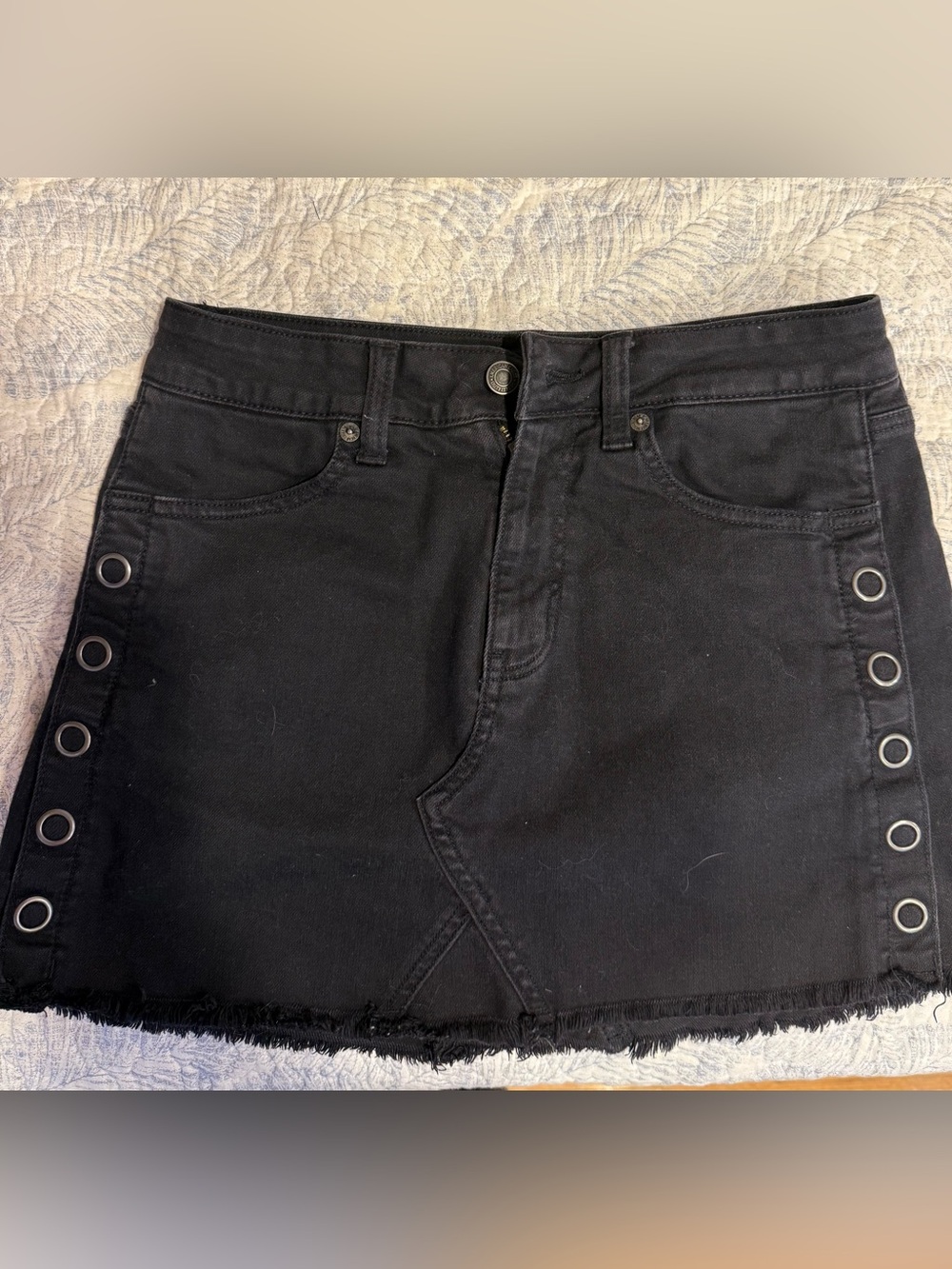 American Eagle Outfitters Black Denim Mini Skirt with Grommet Trim